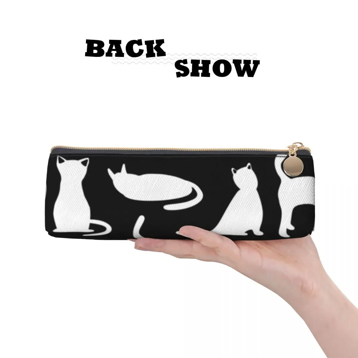 Black White Cat Pattern Triangle Pencil Case Kitten Family Playful Cats For Child School  Box Vintage Leather Pen Pouch