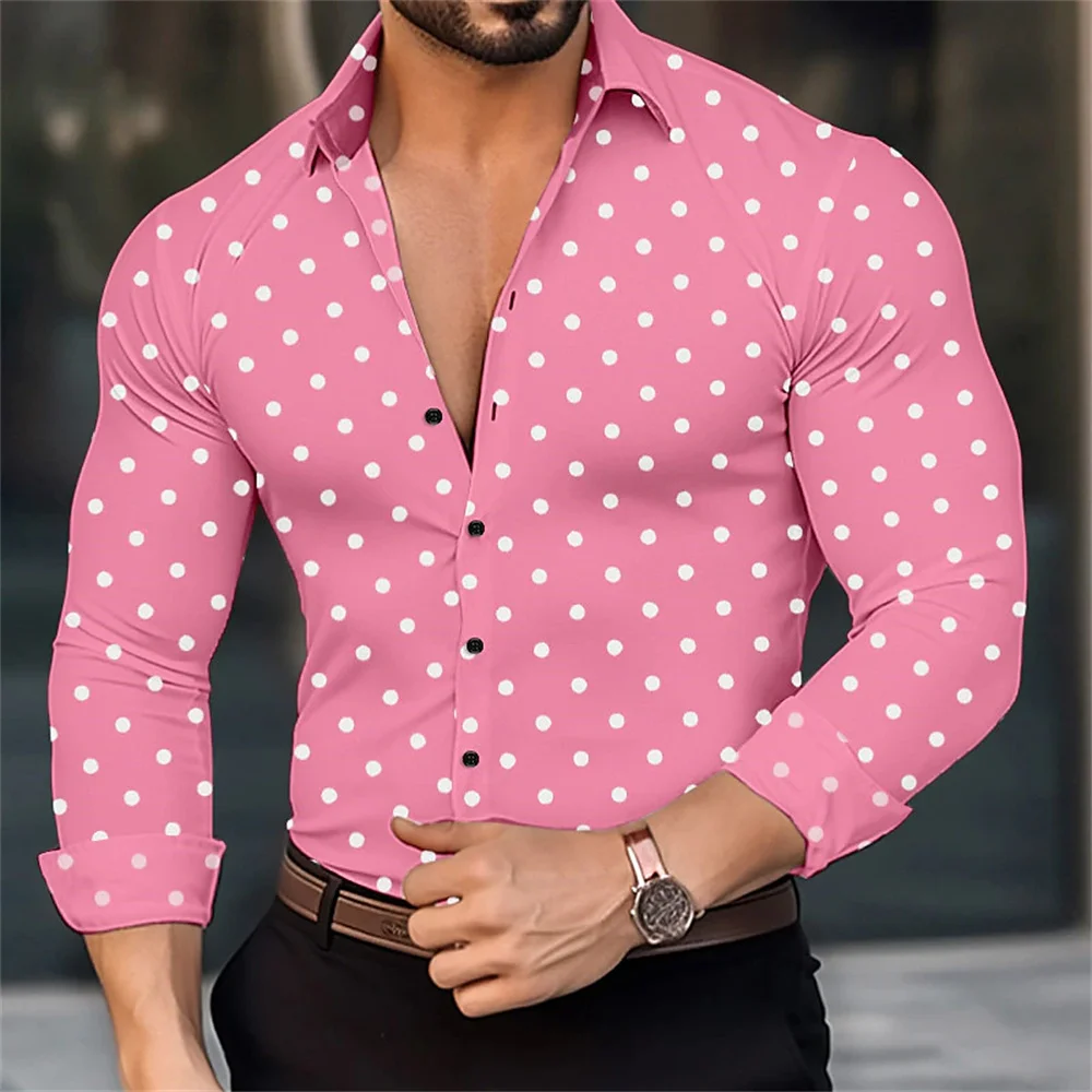 Camisa havaiana de manga comprida masculina, lapela de bolinhas, roupa de rua ao ar livre, respirável e confortável, moda casual