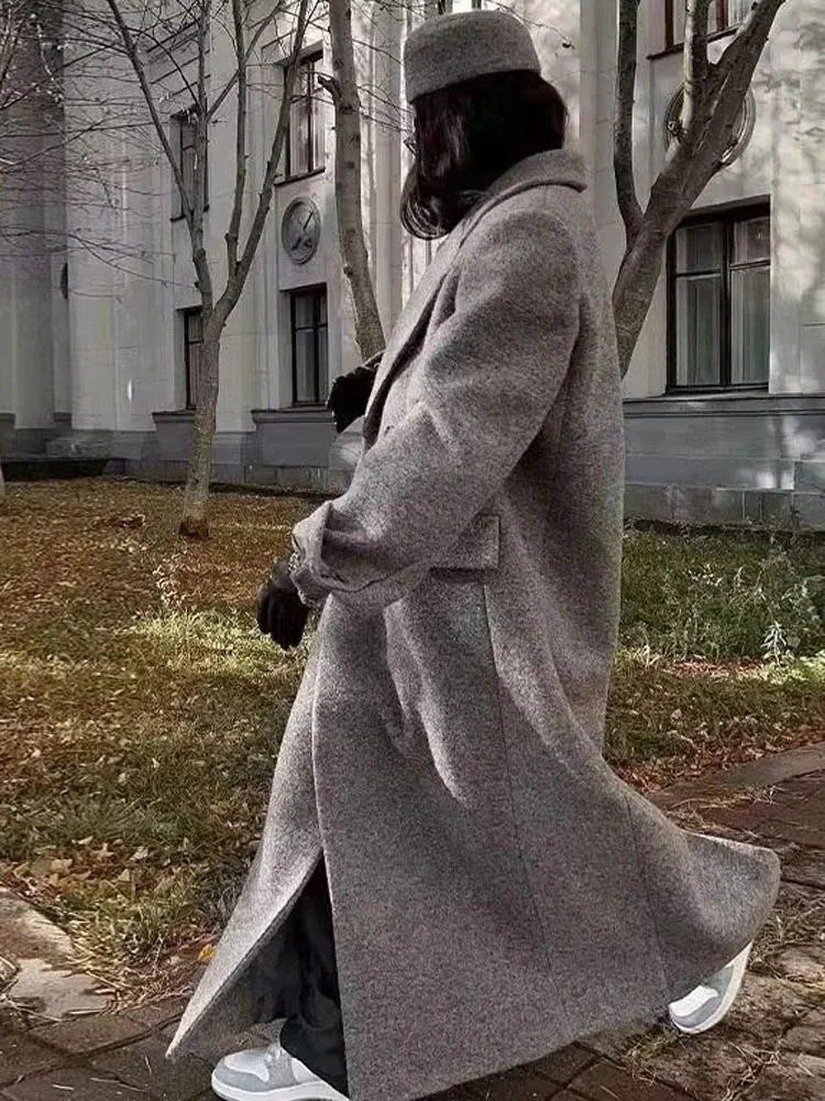 Ladies Oversized Maxi Wool Blend Coat Notched Lapel Double Breasted Loose Long Sleeve Gray Thick Coats Warm Winter Street Jacket