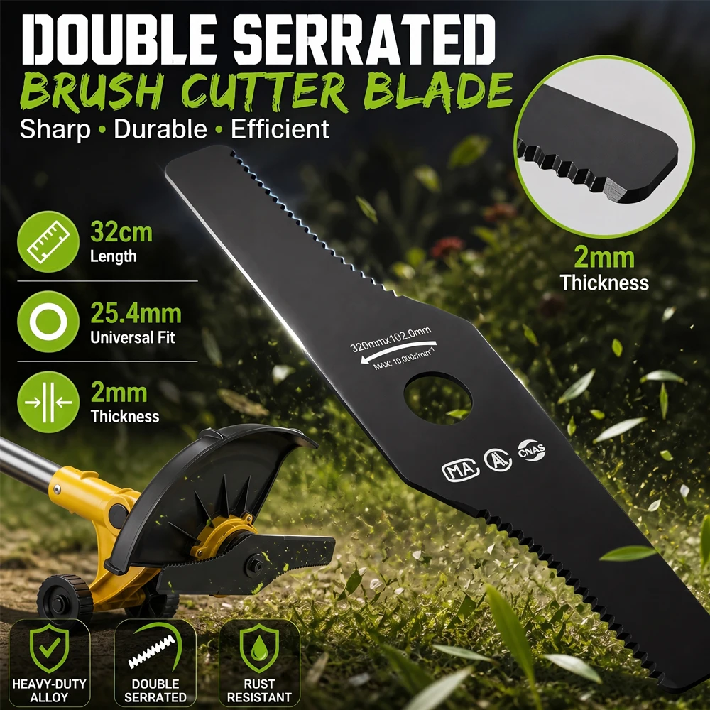 Brush Cutter Blade 32cm Double Serrated Heavy Duty Alloy Weed Trimmer Blade 25.4mm Universal Replacement For Grass Brush Shrub C