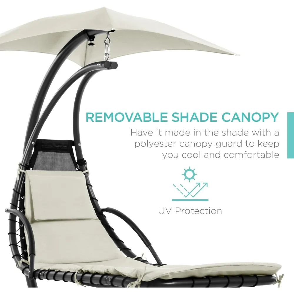 أرجوحة كرسي استرخاء من الفولاذ المنحني في الهواء الطلق مع وسادة مدمجة ومظلة قابلة للإزالة، لون عاجي، مثالية للاسترخاء فيك #4