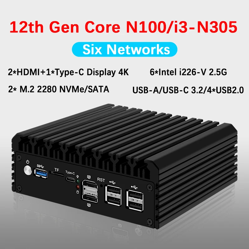 كمبيوتر صغير بدون مروحة PfSense Proxmox ، 6x ، 6 LANS ، G ، جدار الحماية ، جهاز التوجيه الناعم ، الجيل الثاني عشر ، Intel i3 ، N305 ، N100 ، DDR5 ، 32GB ، NVMe ، SSD