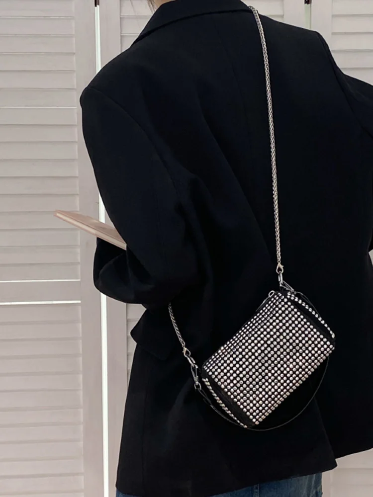 Retro Diamond Black Mini Square Bag For Women Summer Versatile Chain One Shoulder Crossbody Bags Ladies Trendy Shopping Wallet