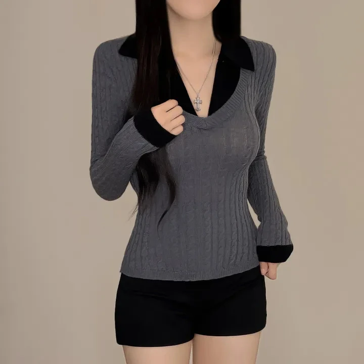 

Women's Knitted Ne V-Ne Sweater Autumn Winter Faion Chic Pure Want Inner Twist Base irt Top Ploy Two-Piece