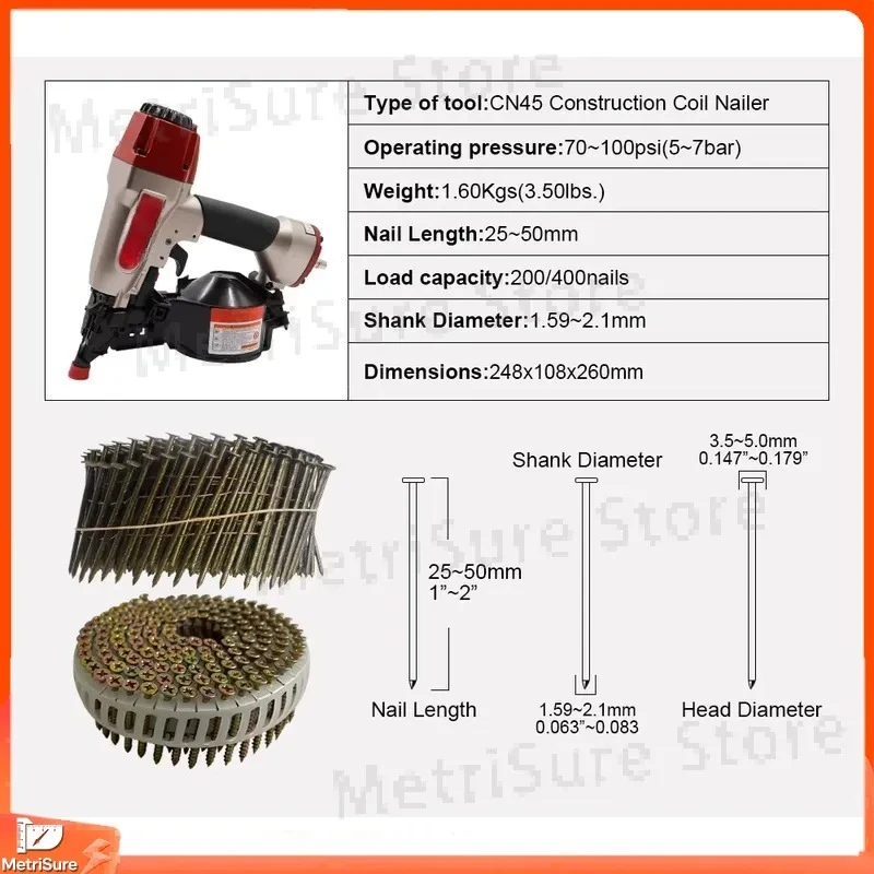 Pneumatic Staple Gun 1 to 2 Inch Industrial DIY Sheet Metal Roofing Wall Fixing Tool Adjustable Guard Heavy Duty Stapler