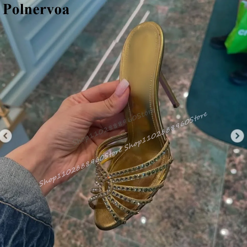 

Metallic Gold Narrow Sparkling Crystal Strip Slippers Stilettos High Heel Shoes For Women Peep Toe Luxury Party Casual Slippers