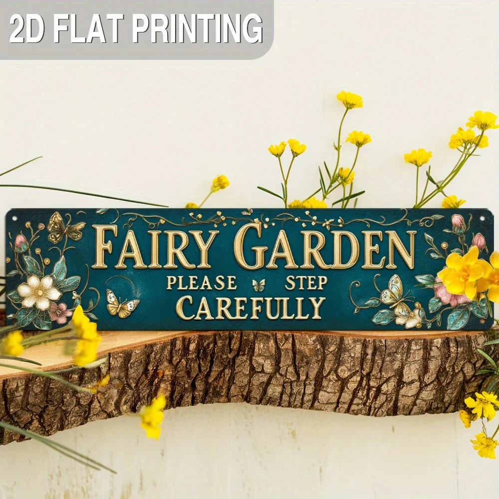 2D Flat, Vintage Metal Fairy Garden Sign, 2D Flat, 1pc - Whimsical Wall Art with Floral Butterflies for Rustic Home, Porch, or B