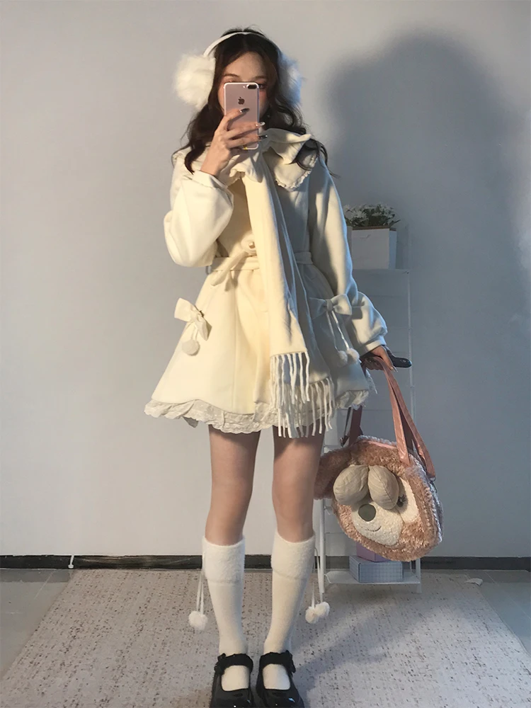 

Cute Knot Woolen Coat Scarf Set Women's Winter Waist-Cinching Slimming Small Size Tweed Coat Sweet Sle Long Sve