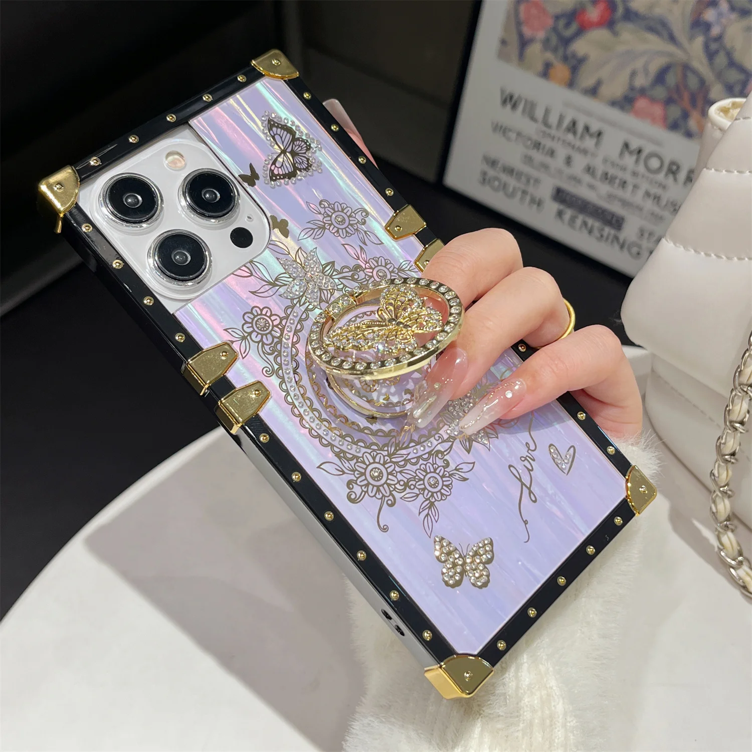 Luxury Laser Shell Pattern Case For iPhone 15 Pro Max 14 13 12 11 Diamond Butterfly Stand Holder Shockproof card Cover