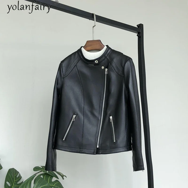 Jaket Kulit Asli Mantel Kulit Domba Musim Semi Musim Gugur Wanita Jaket Motor Pendek Slim Fit untuk Wanita Veste Cuir Femme KJ7042