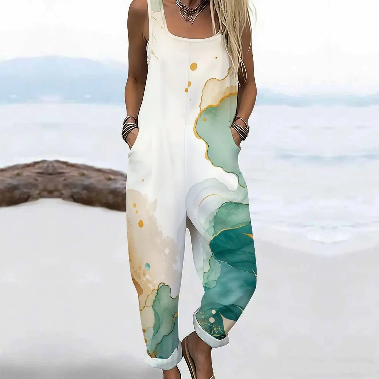 Women Jumpsuit with Print Square Neck Sleeveless Wide Straps Loose Fit Pockets Cuffed Ankle view 3