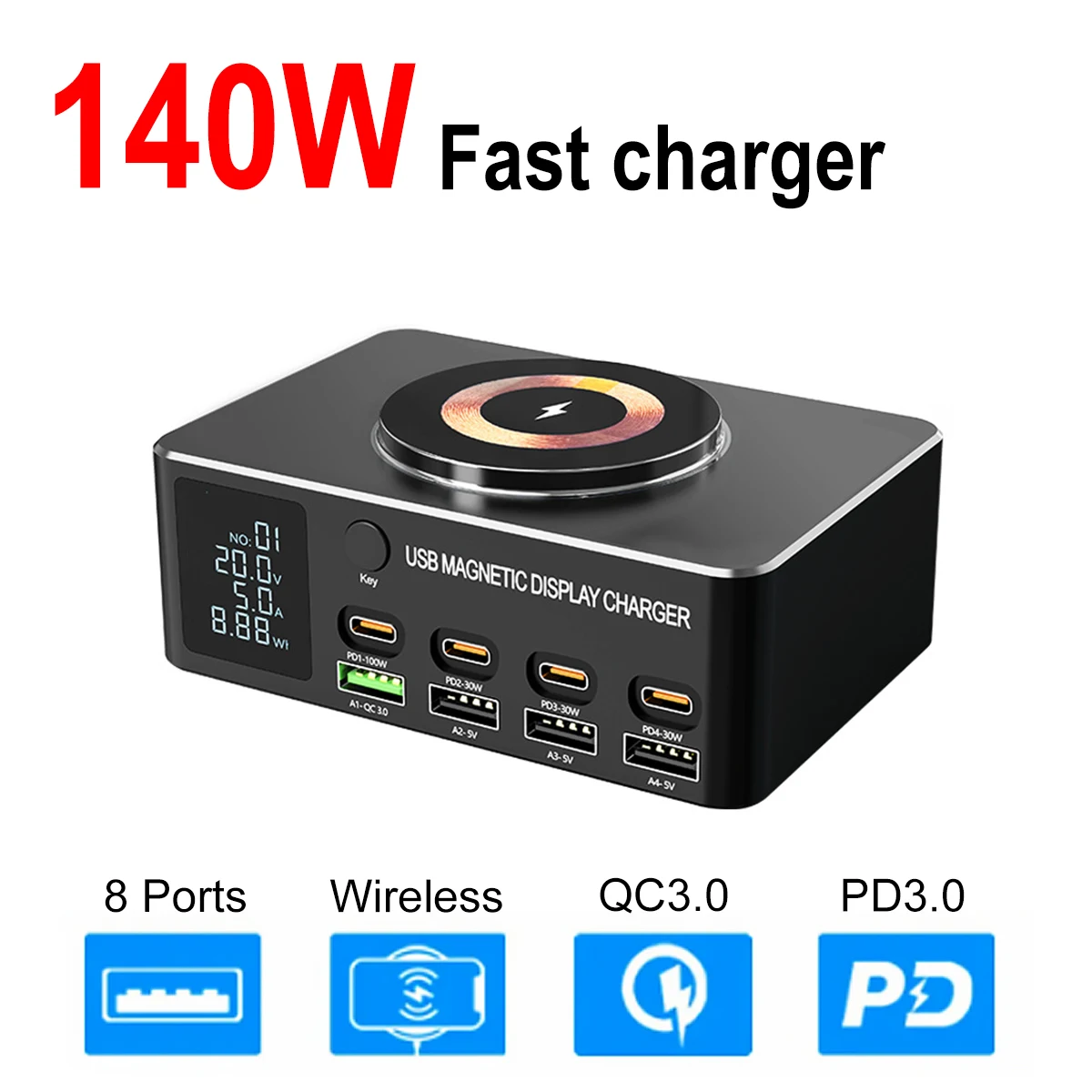 

140W USB Type C Charger Wireless Charing 8 Ports Fast Phone Charger PD QC3.0 Quick Charge For iPhone 14 13 Xiaomi