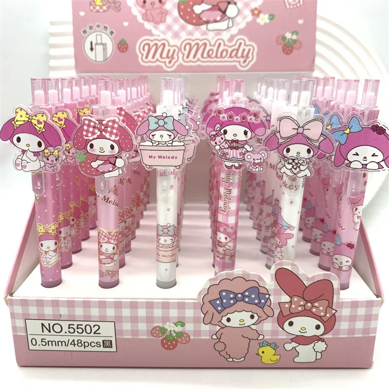 Imagem -02 - Sanrio Anime Gel Canetas Caneta de Tinta Preta Papelaria Kawaii Presentes de Graduação do Estudante Autêntico Kuromi Melody Cinnamoroll 0.5 0.5 48 Pcs