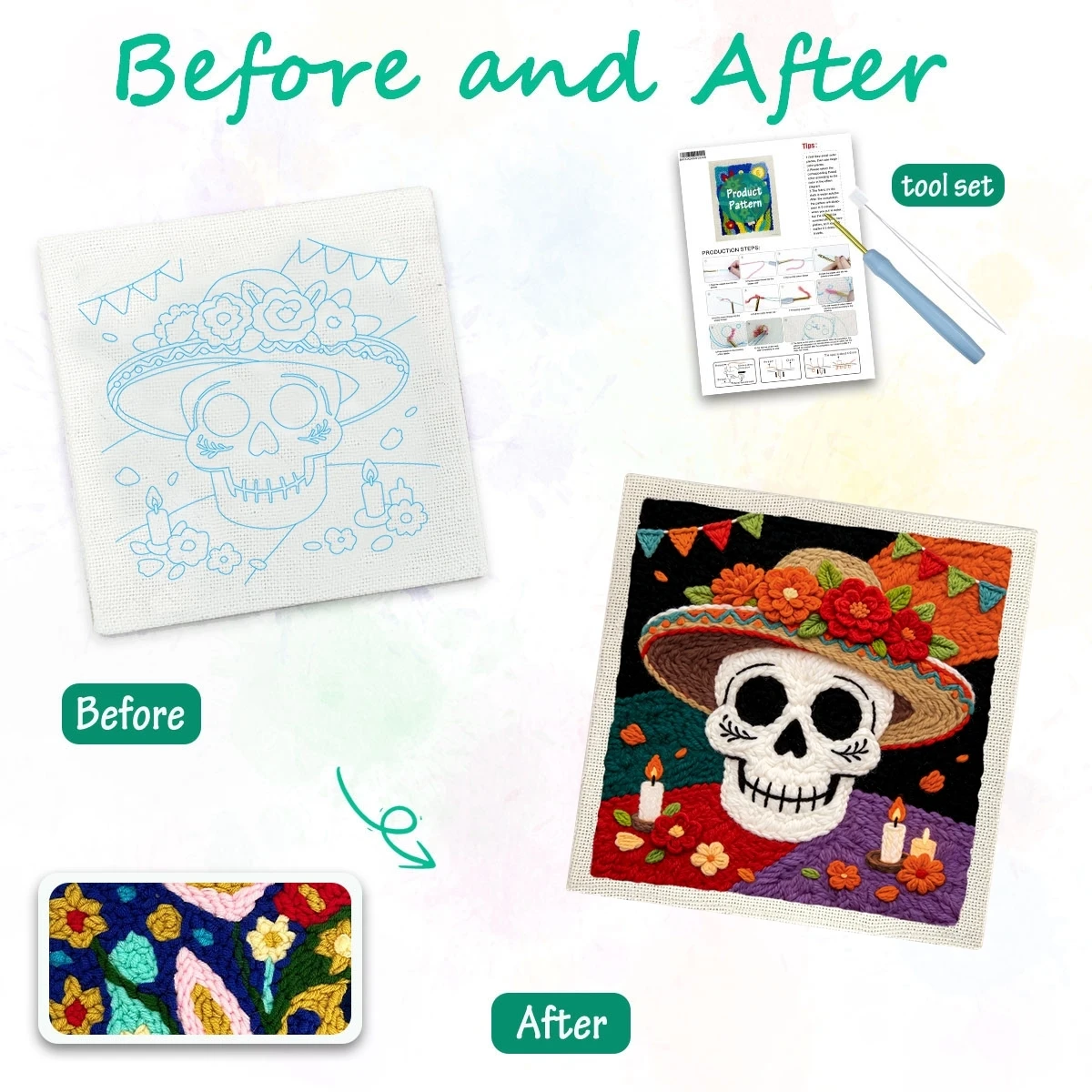 1 Set Sombrero Skull DIY Stickerei-Set für Anfänger, Stick-Starter-Kit, Kreuzstich-Kunstgeschenk, Handarbeits-Bastelset – Detail 1