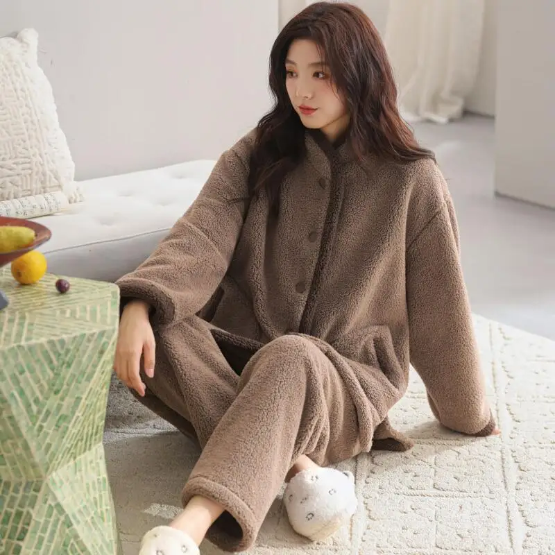

Hot Girl Coral Velvet Pajamas Sets Women Long Sleeves Pants Keep Warm Thickened Autumn Winter Clothes Outside Leisure Wear New