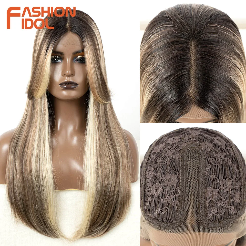 FASHION IDOL 24inch Straight Hair Lace Wigs Synthetic Baby Hair Wigs Ombre Brown Lace Front Wigs For Black Women Cosplay Wigs