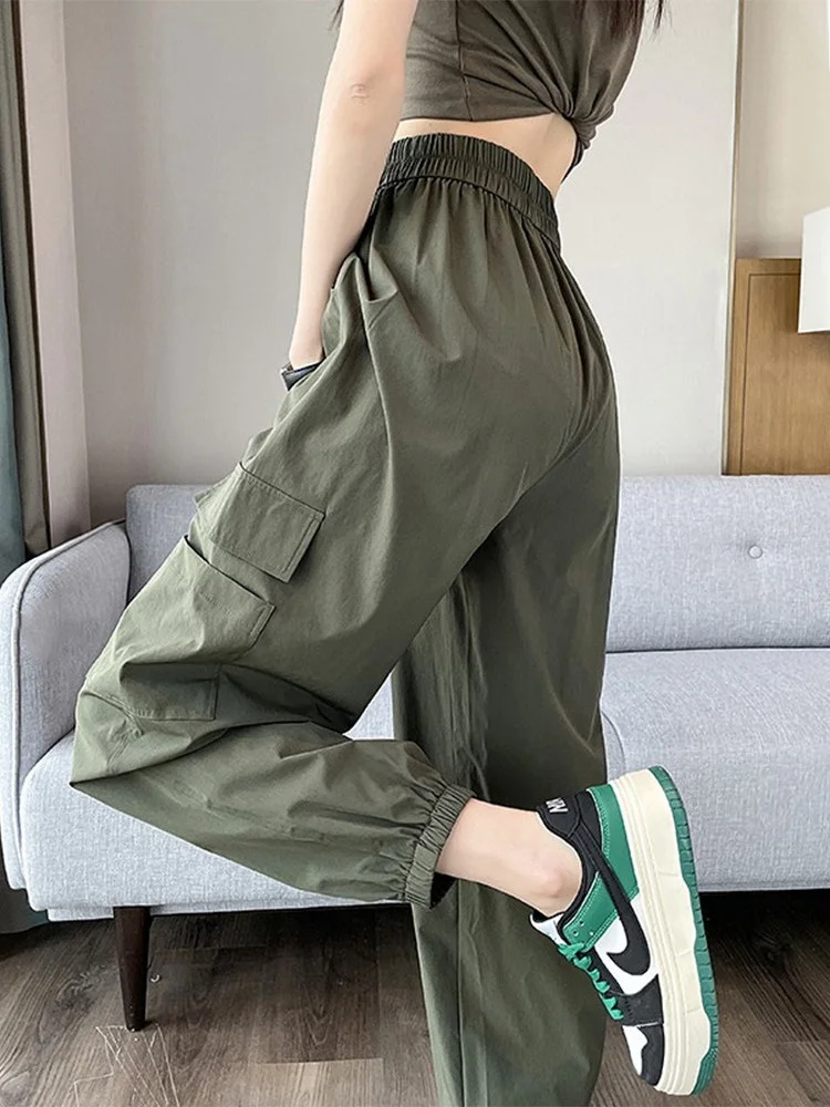

Ice Silk Quick Dry Nine Point Work Trousers Women Summer Thin Loose High Waist Harlan Cuffed Pants American Style Loose Fit
