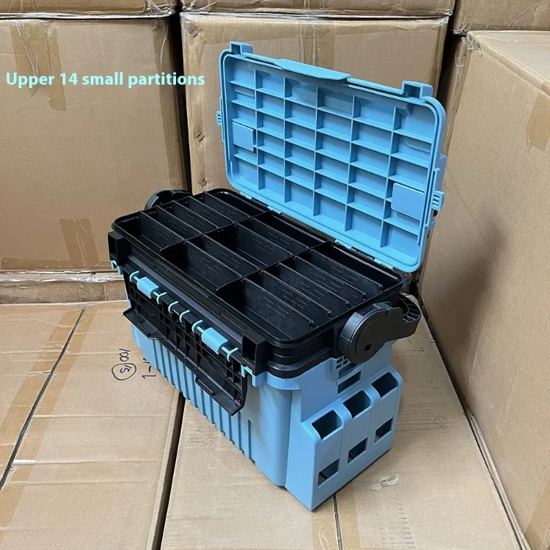 Robuste ABS-Kombibox für professionelle Angelsitzgeräte, langlebiges, wasserdichtes Design mit Rutenhaltern für Köder/Angelfloß