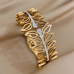 Greatera 316L Stainless Steel Hollow Leaves Cuff Bracelet Wide Bangles for Women Gold Plated Rhinestone Charm Bracelet Jewelry