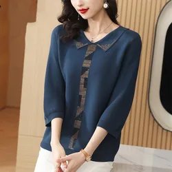 2023 Spring Summer Women's Pullover Solid Color Knitted 3/4 Sleeves Loose Peter Pan Collar Diamonds Plus Size Loose Sweater Tops