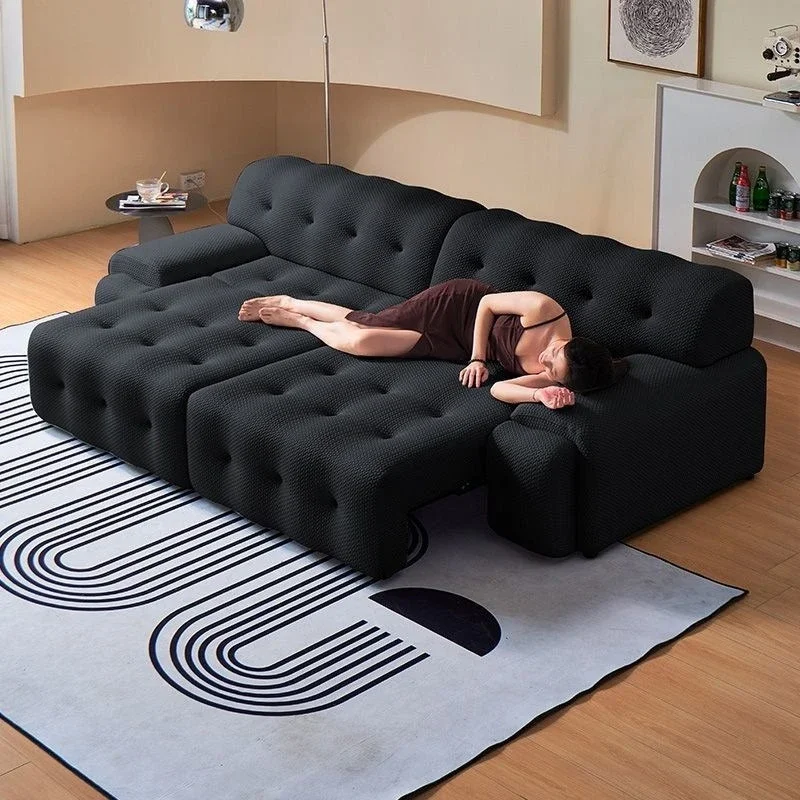 Knitted cream wind electric sofa bed, minimalist living room size dual-purpose, straight row retractable multi-functional sofa