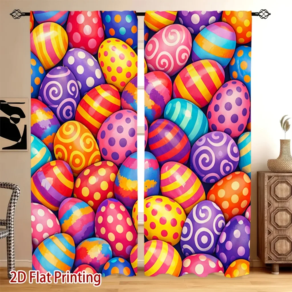 Colorful Easter Egg Curtain, Vibrant Patterned Holiday Print Drape, Festive Spring Celebration Window Treatment for Kids Room