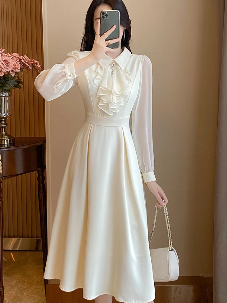 Kimotimo Spring Long Sleeve Dress Women Lapel Ruffled High Waist Slim A-line Office Ladies Dresses Temperament Solid Vestidos