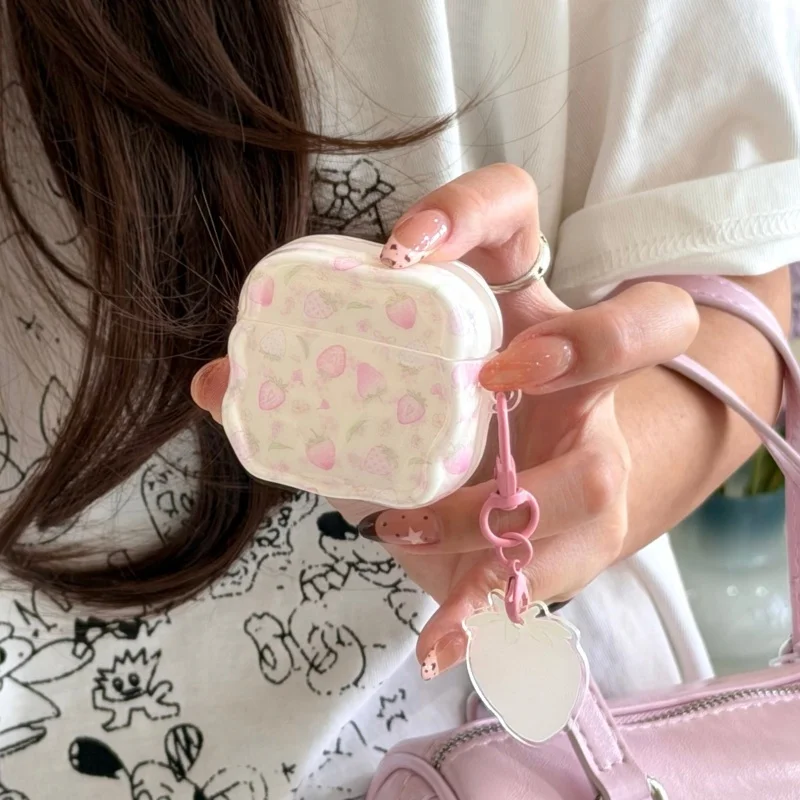 

Cute Pink Strawberry Earphone Case For Apple Airpods 4 3 2 Pro 3 Cover with Pendant Silicone Headphone Charging Cases For Airpod