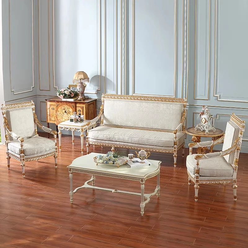 !@Luxury Wooden Living Room Armchair Beige Color With Side Table Fabric Vintage Old Classic Design Modular Living Room Sofa Chai