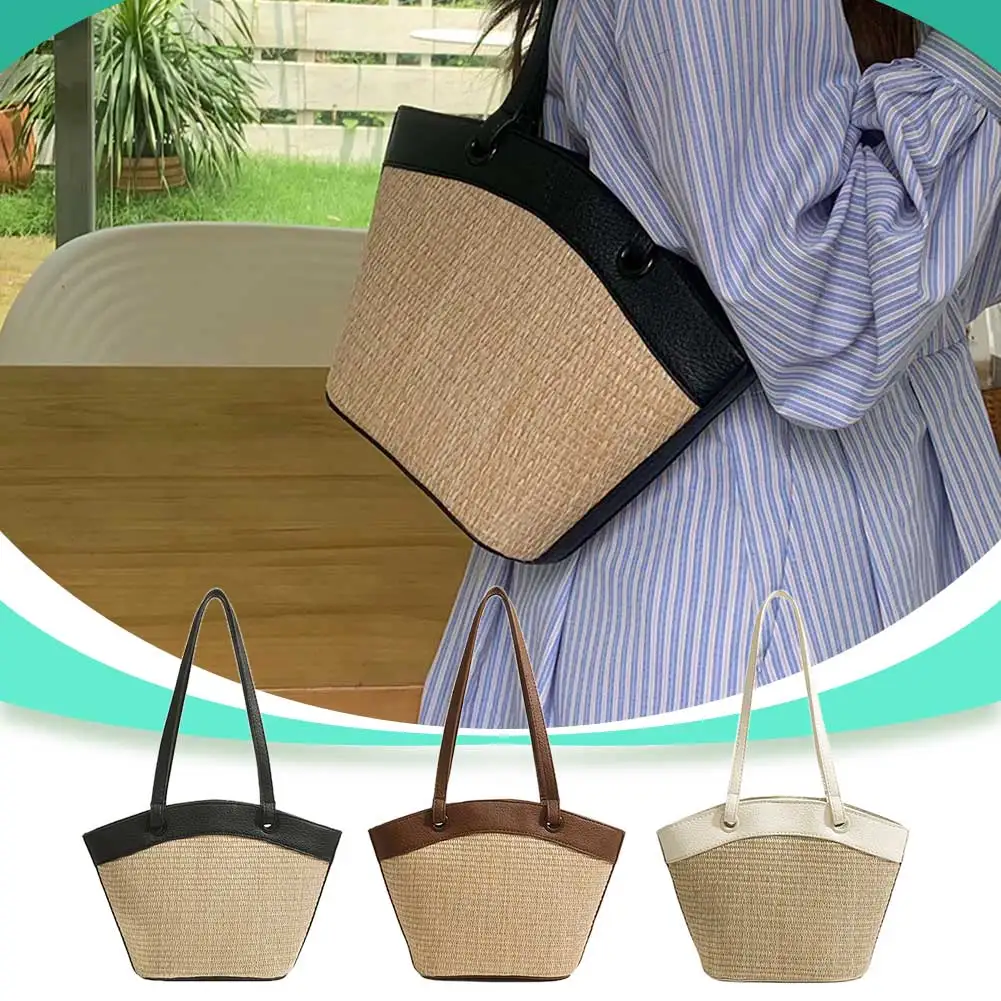 

Women Straw Woven Tote Bag Fashion Woven Handbag Large Capacity Handwoven Shoulder Bag Patchwork Vintage for Outdoor Travel