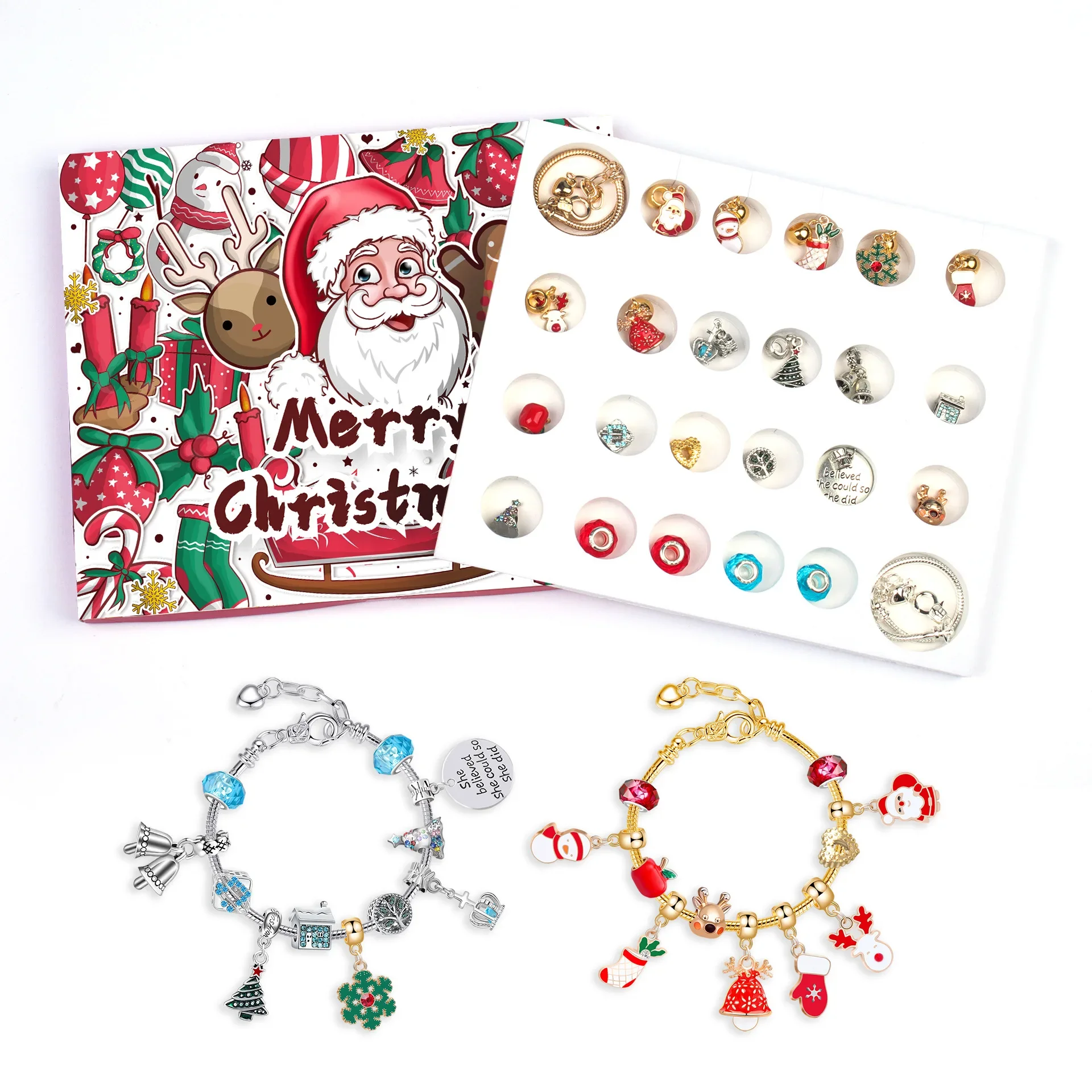 Verrassing Blind Box Set 24-Countdown Kalender Advent Christmas Charms Armband Set DIY Creatieve Ornamenten Kerst Kind Geschenken