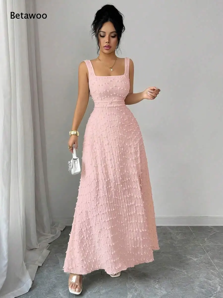 Women Dot Textured Long Dress Square Neck Sleeveless Back Hollow Out Self Bow Tie Waist Cinched Elegant Party Maxi Dress