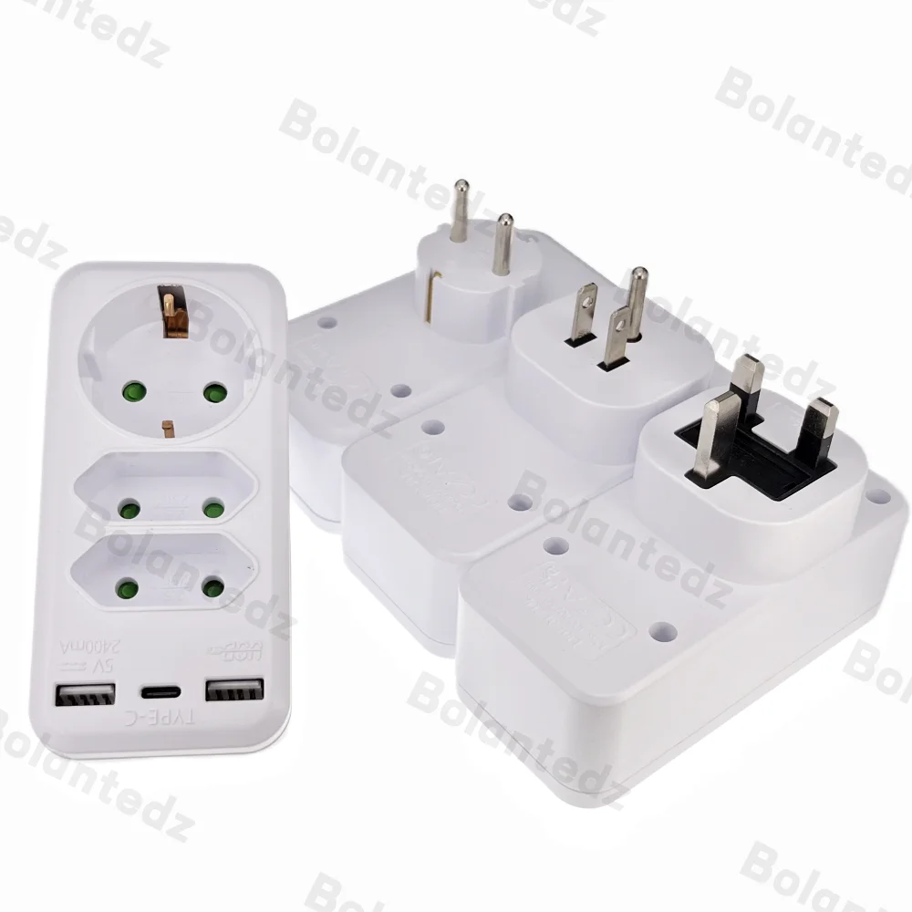 Bolantedz EU US UK Plug 6-in-1 Wall Socket Extender with 3 AC Outlet 3 USB 4000W 5V2.4A Wall Charger for Home/Office