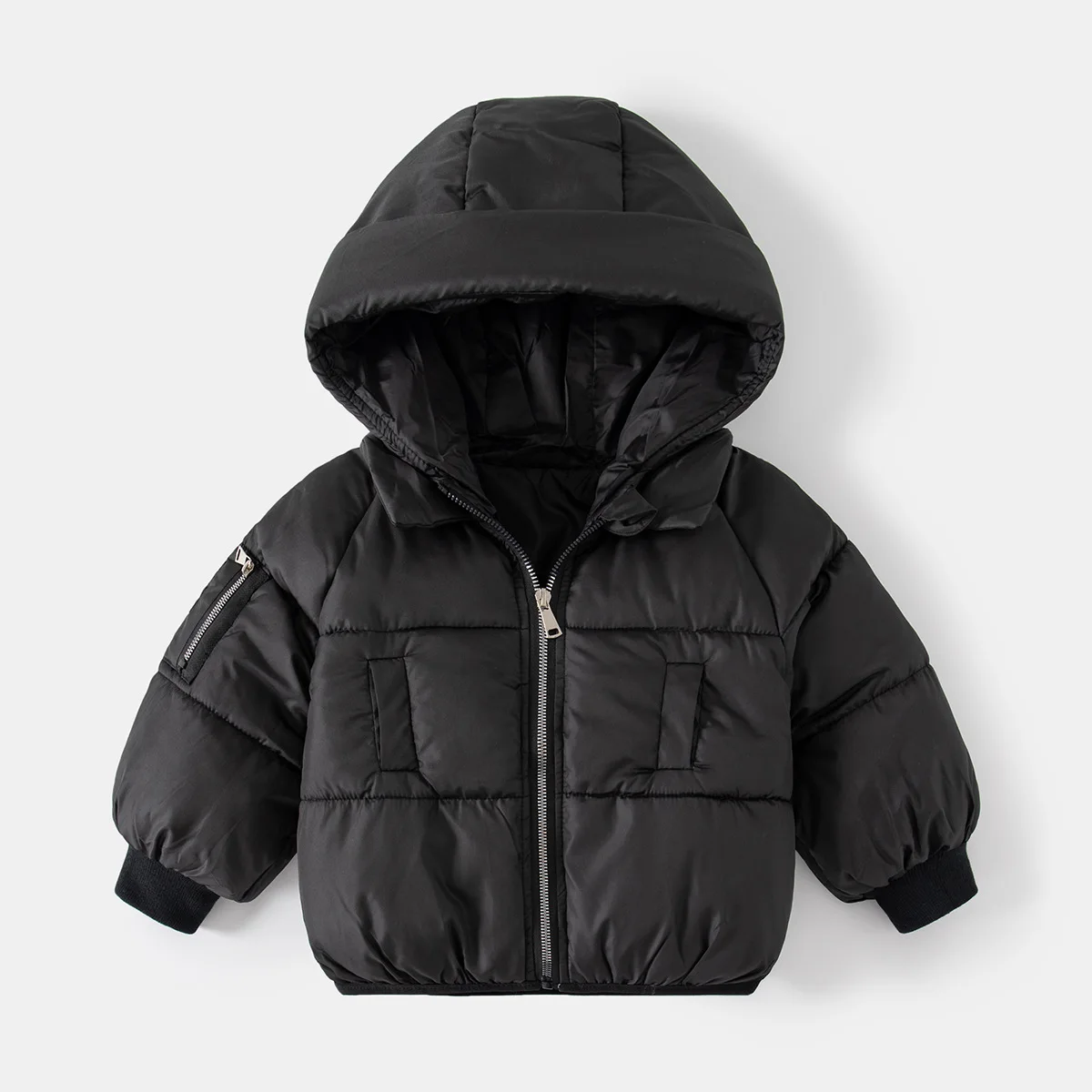 Boys' Fashion Solid Color Thickened Zip-Up Hooded Parkas Jacket Winter Casual Quilted Warm Coat Stylish Top for Kids, Ages 2-7