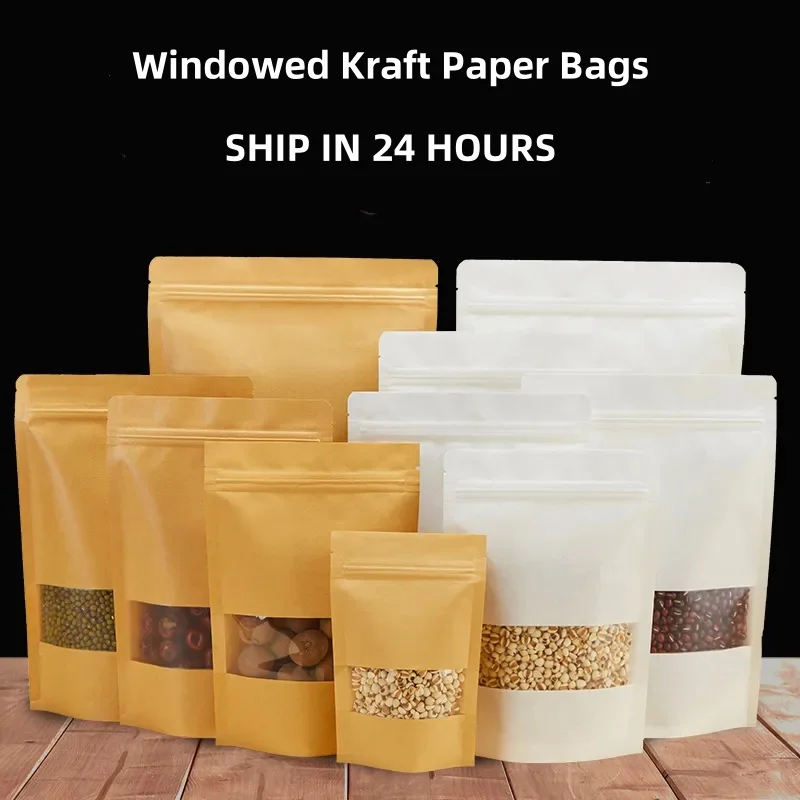 50pcs brown re-sealable stand-up pouch kraft paper zipper lock window bag  coffee bean wedding festival food packaging