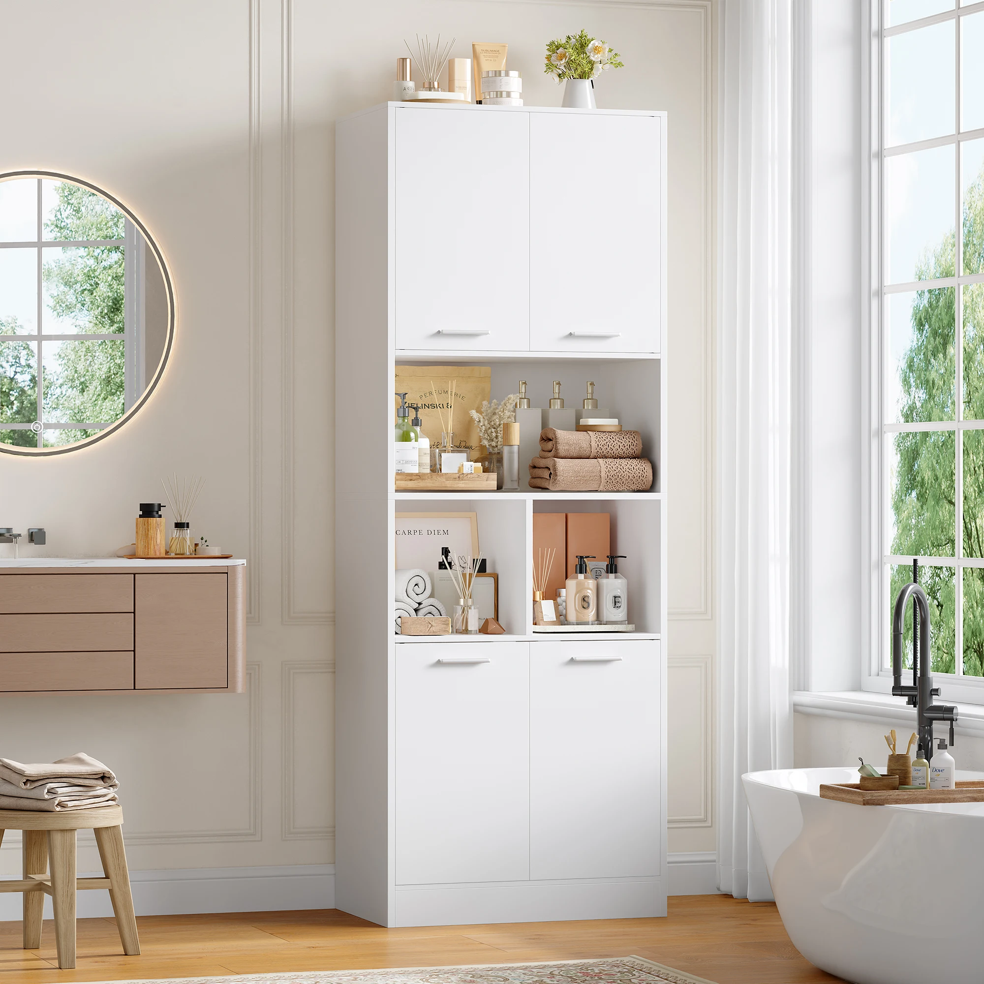 Getone Armadi alti da bagno Armadietto alto bianco con ante e ripiani aperti Libreria per soggiorno Cucina180,5x60x40 cm
