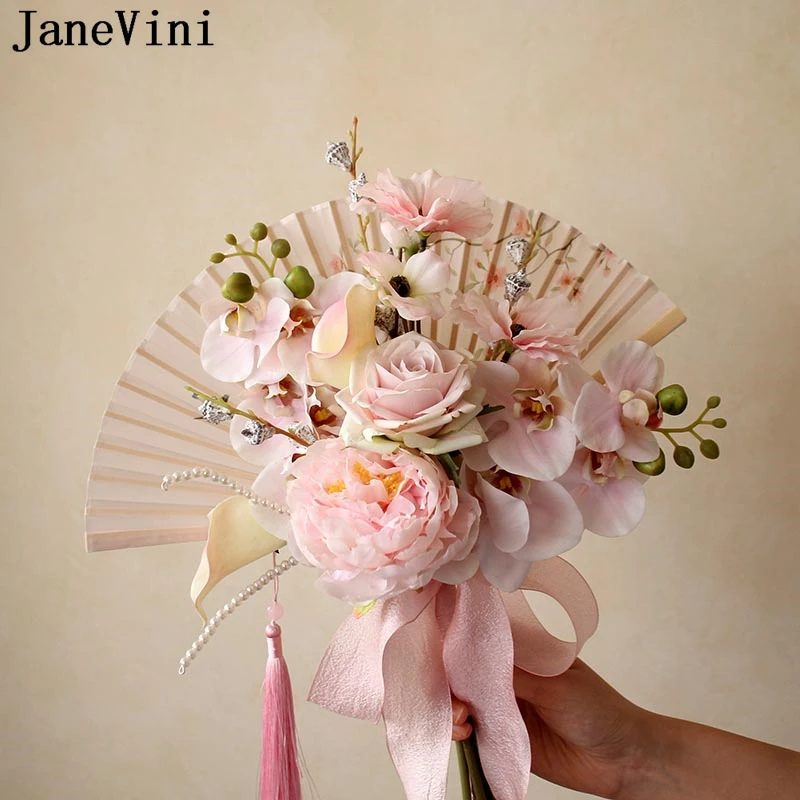 JaneVini 2023 New Artificial Wedding Bouquet Silk Rose Orchid Bride Fan Flowers Bridal Bouquets Hand Fan Ramillete Novio Boda