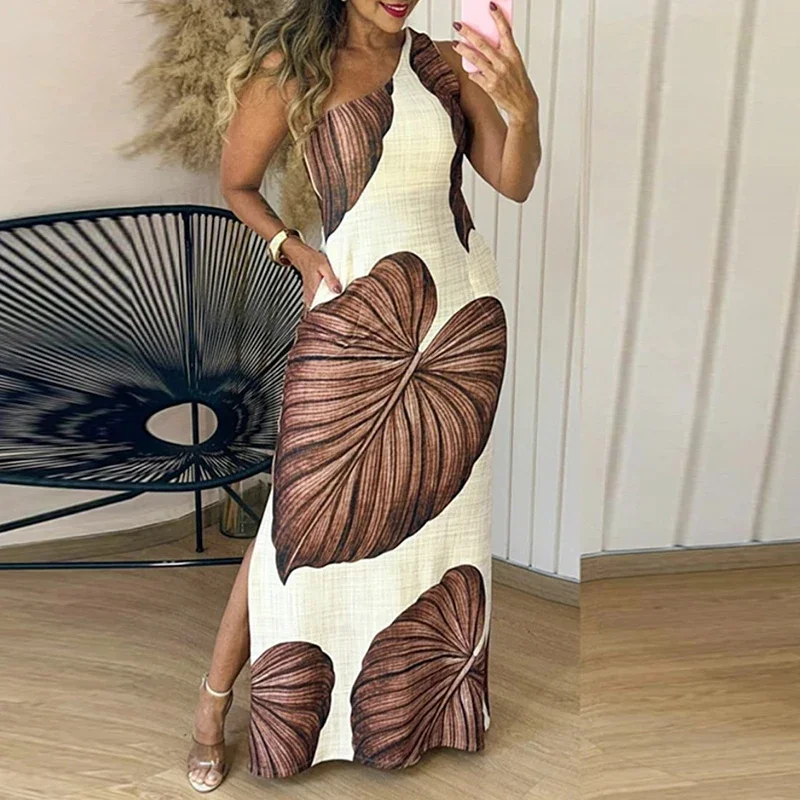 Abito lungo elegante senza maniche da donna Abiti da festa da spiaggia sexy slim divisi per le donne Abito stampato bohemien Boho