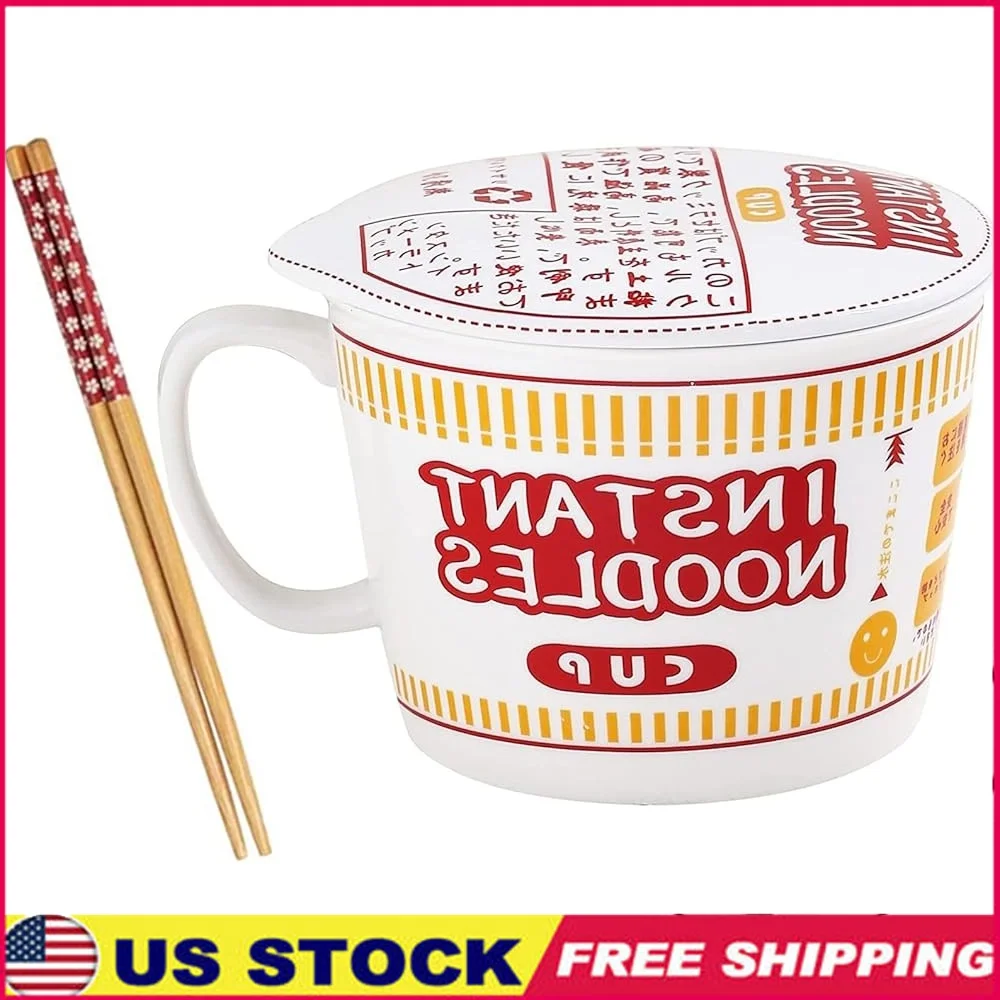 

Large Ceramic Ramen Bowl with Lid Handles Bamboo Chopsticks Microwavable Instant Noodles Deep Soup Cup Japanese Style