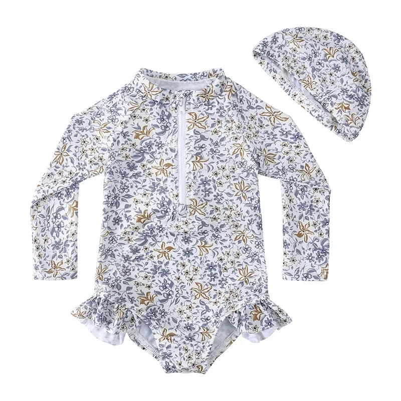 New 2025 Summer Girls One-piece Swimsuit Baby Long Sleeve Sunscreen Quick-Dry Cute Floral Print Swimwear Toddler Bathing Costume