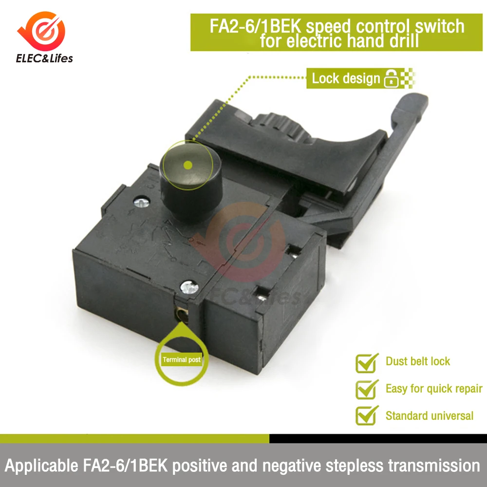 1Pcs FA2-6/1BEK Lock On Power Tool Electric Drill Speed Control Trigger Button Switch 6A 220V Continuously Variable Speed Switch