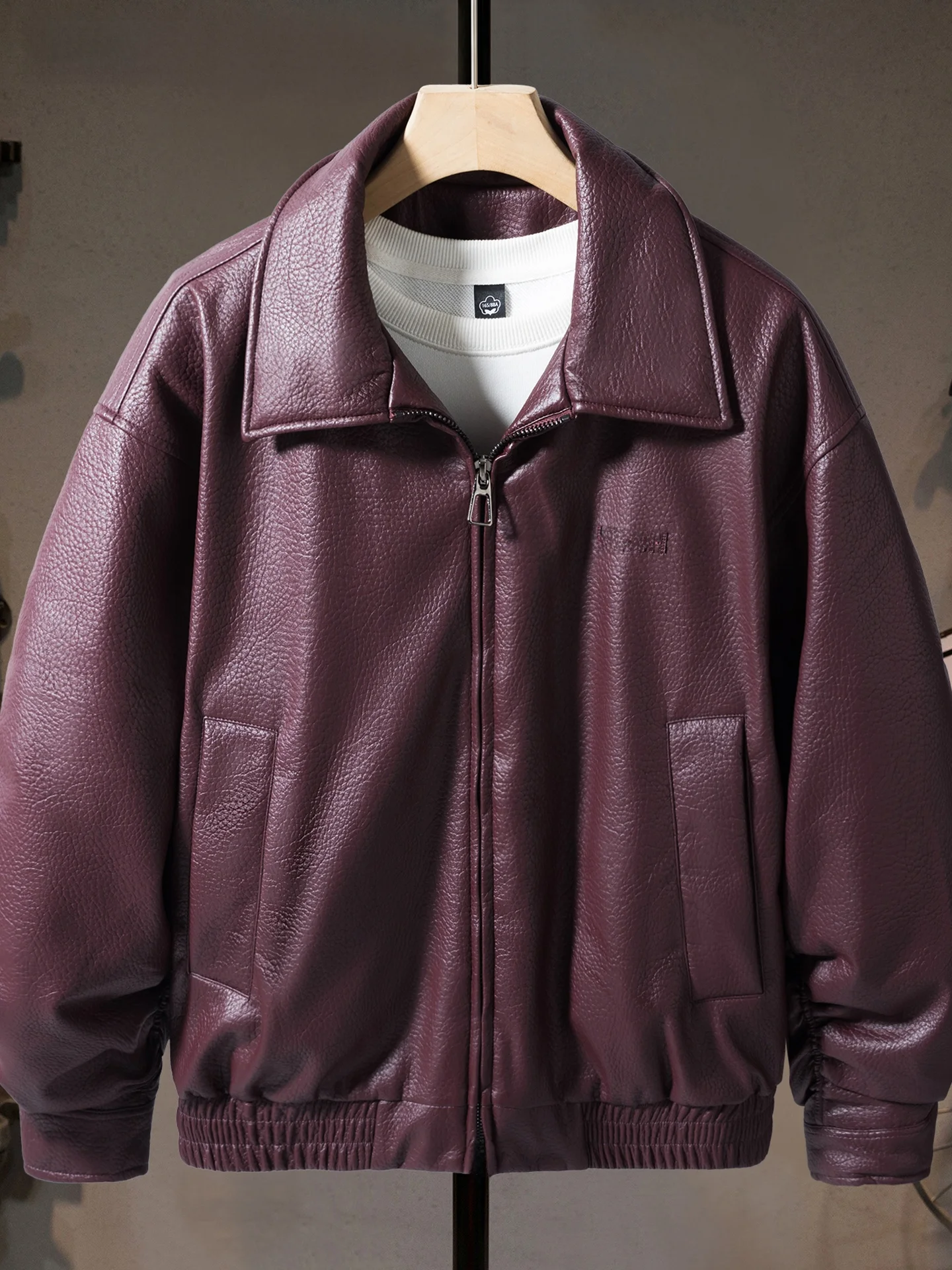 

Retro Du down Jaet Thiened Collar Men's Faionable Warmth Outerwear PU Fabric Long Sve Zipper Closure Casual Sle