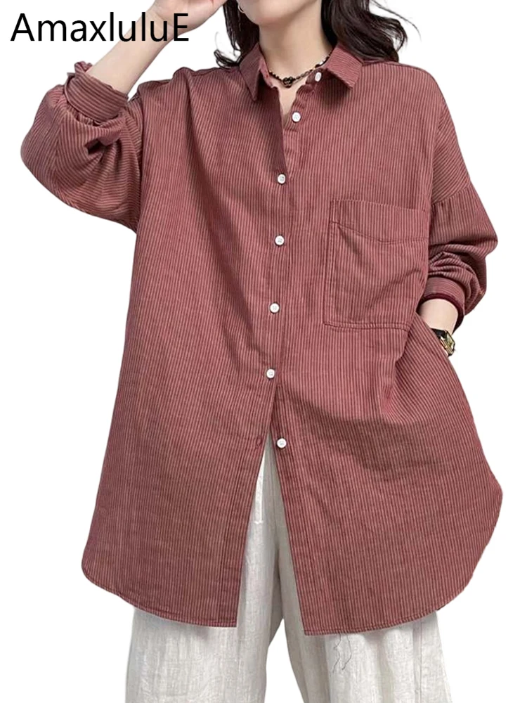 

Amax LuluE Japanese Spring Tops Womens Fashion Loose Leisure Striped Cotton Shirts Females 2026 Vintage Classic Elegant Blouses