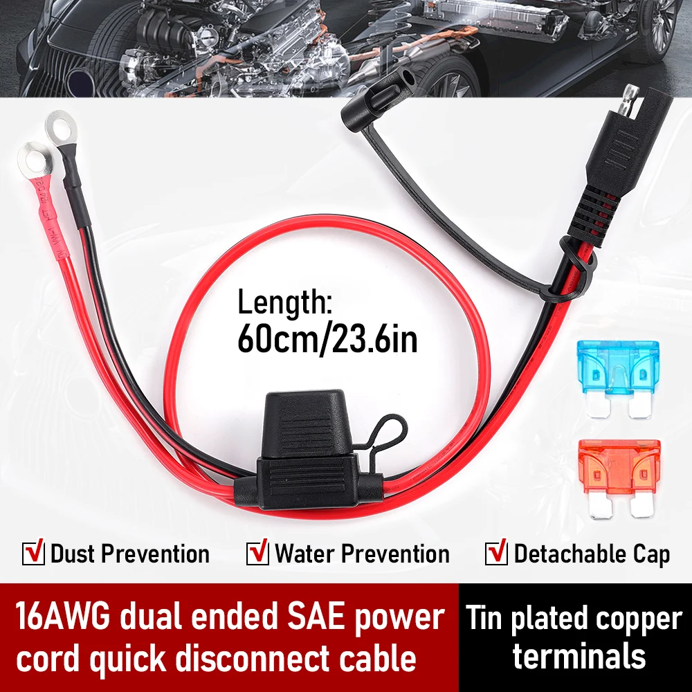 

Кабель-переходник 16AWG SAE на кольцевой терминал, 60 см, с быстрым отключением, с предохранителями 10А/15А для мотоциклетных и автомобильных аккумуляторов