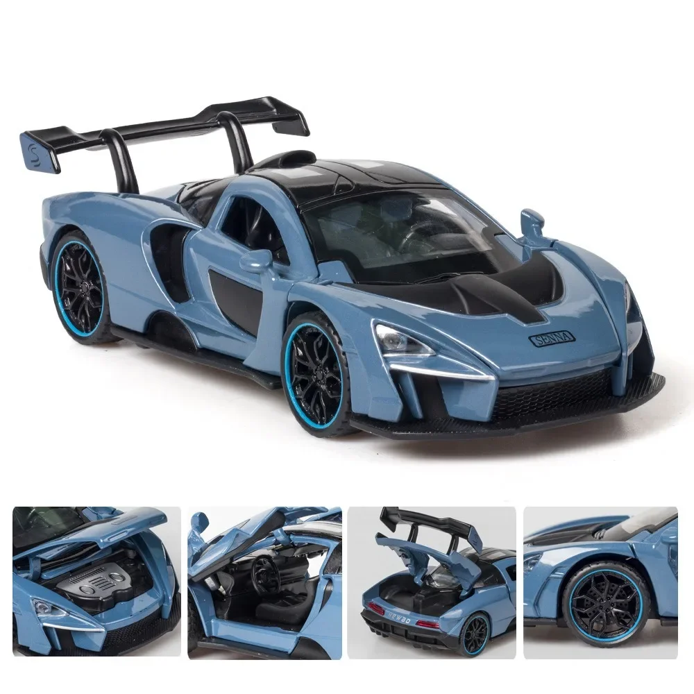 Modelo de coche de juguete SENNA a escala 1:32, luz de sonido fundido a presión de aleación, 4 puertas abiertas, modelos de vehículos en miniatura para regalo de recuerdo para niños