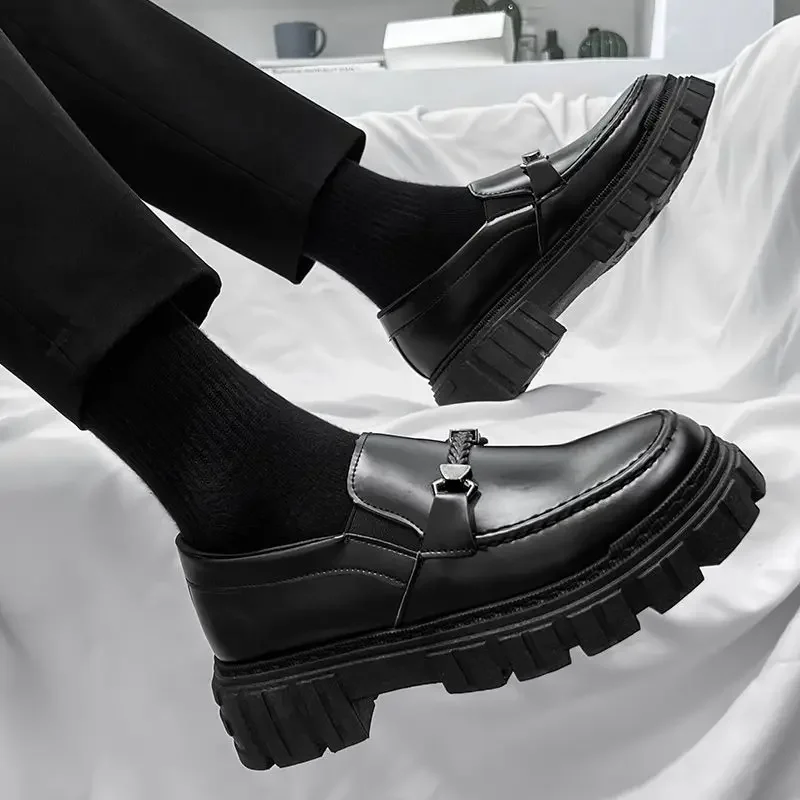 Platform Men\'s Leather Loafers Shoes Dress Business Formal Thick Sole 2025 Trend Fashion In Promotion Male Casual Shoe Retro New