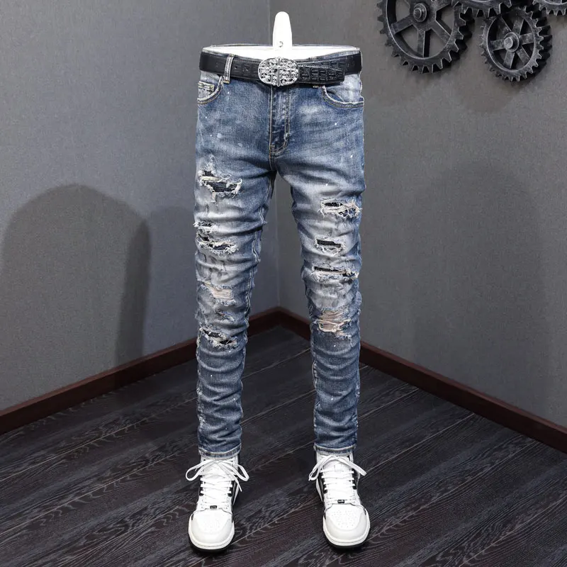 Designer street fashion men's retro blue high-quality jeans elastic tight patchY2K painted jeans men's
