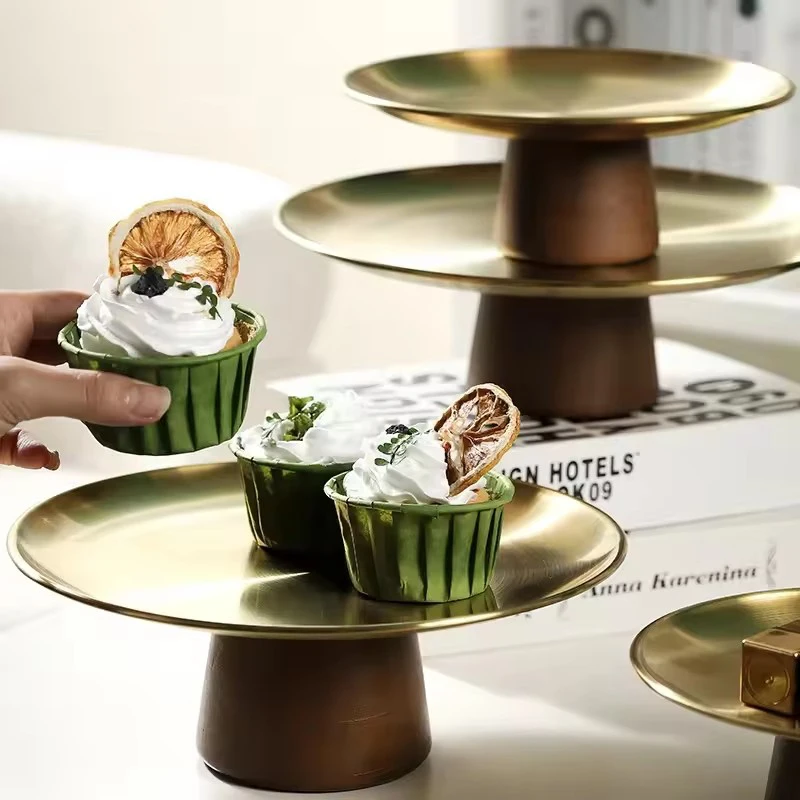 

Stainless Steel Table Plates Dinnerware Kitchen Fruit Bowl with Wooden Base Partitioned Candy Bread Cake Dessert Trays Tableware