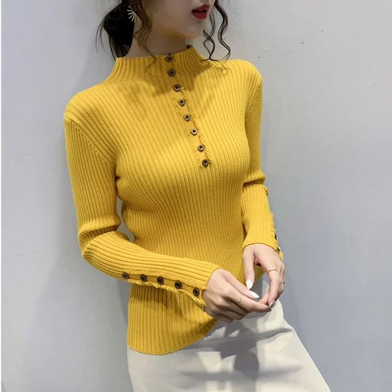 Women Buton Winter Pullovers 2024 Fashion Casual Long Sleeve Sweaters Korean Clothes Slim Sexy Elegant Basic White Black Sweater