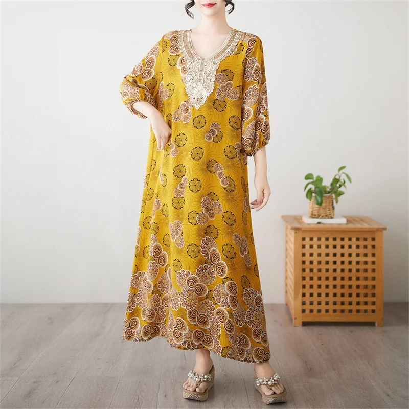 2025 New Casual Loose Lace Cotton Linen Dress Women Summer Printed Boho Beach Long Dress